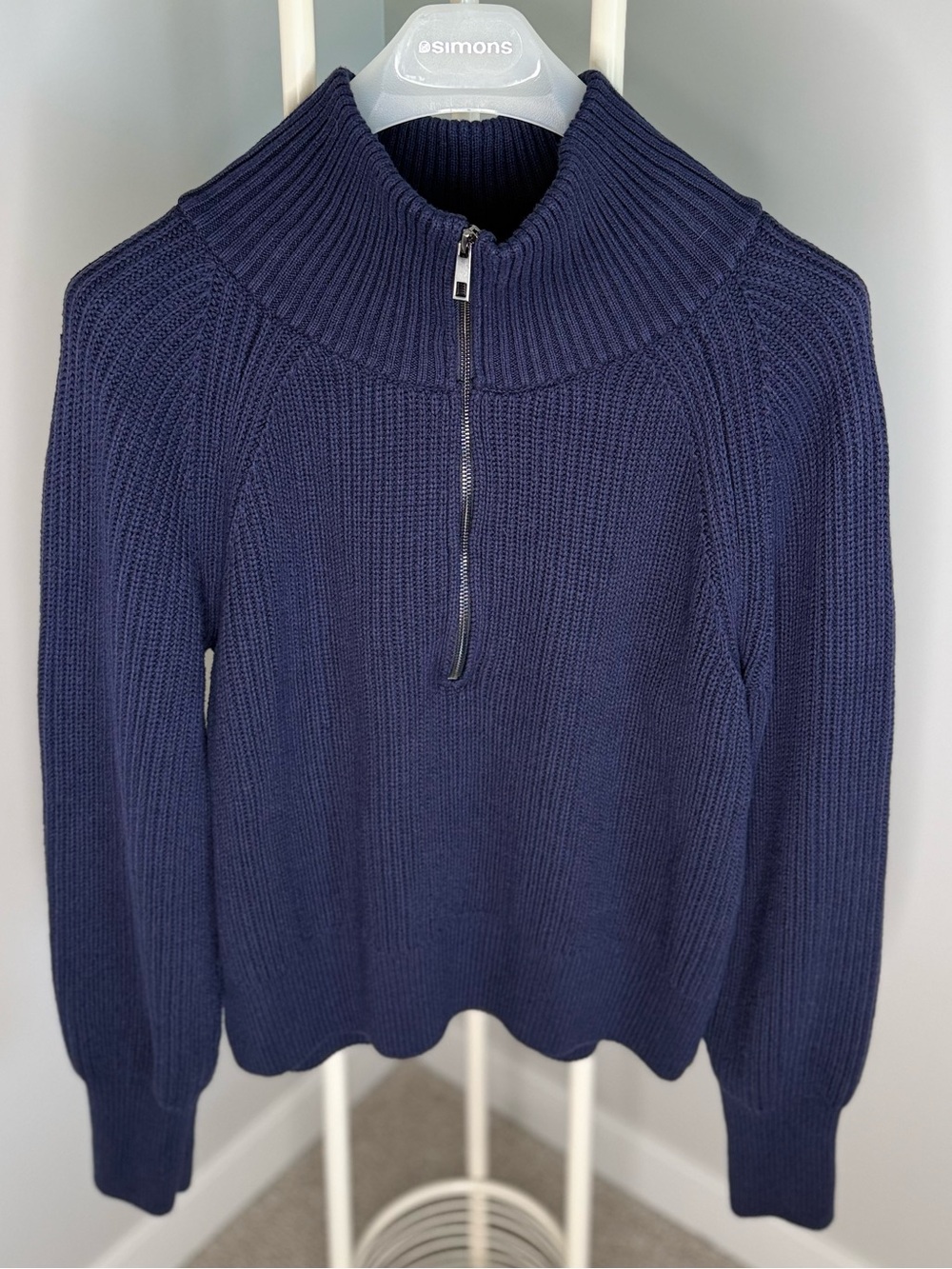 Zara Navy Ribbed Half-Zip Turtleneck Sweater
